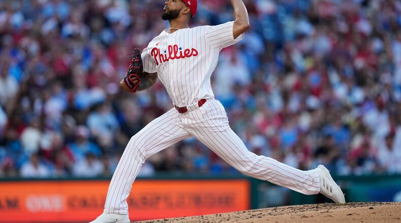 Philadelphia Phillies' Cristopher Sánchez pitches during the third inning of a baseball game against the San Diego Padres on Wednesday, June 3, 2026, in Philadelphia. (AP Photo/Matt Slocum)