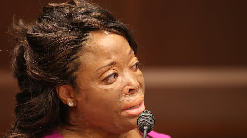 July 23, 2015 --MCDONOUGH -- Christy Sims makes an emotional plea for harsh sentencing of Andrew Fordham, convicted of aggravated assault and aggravated battery for the acid attack on her in 2013, during his sentencing hearing at Henry County Superior Court in McDonough on Thursday, July 23, 2015. (Akili-Casundria Ramsess/Special to the AJC)