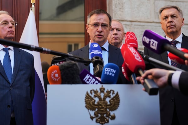 Russian presidential aide, Vladimir Medinsky, gives an statement to journalists at the Russian consulate in Istanbul, Turkey, Thursday, May 15, 2025. (AP Photo/Francisco Seco)