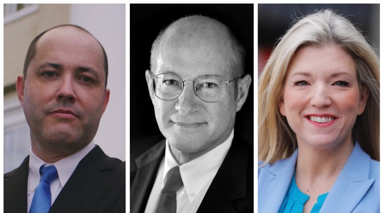 Incumbent Republican Chris Carr, left, Libertarian Martin Cowen and Democrat Jen Jordan will face off in the attorney general's race in November. Submitted photos.