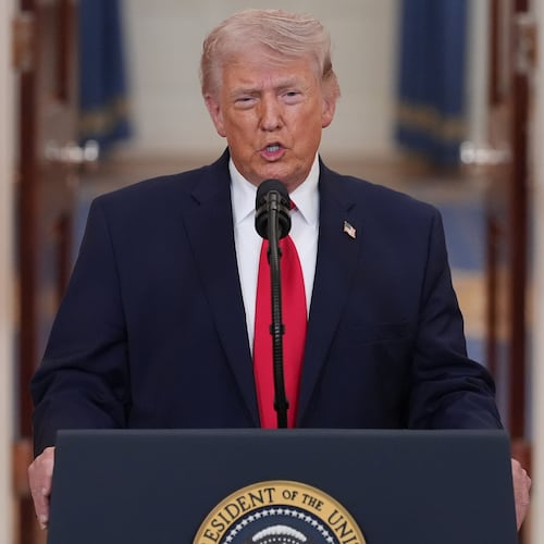 President Donald Trump speaks about the Iran war from the Cross Hall of the White House on Wednesday, April 1, 2026, in Washington. (AP Photo/Alex Brandon, Pool)