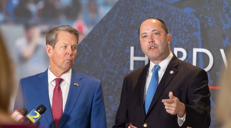 Georgia Attorney General Chris Carr, right, declined to issue an advisory opinion Friday on whether state law gives Gov. Brian Kemp the power to address ethics complaints against a trio of loyalists to former President Donald Trump who control the five-member State Election Board. (Arvin Temkar/The Atlanta Journal-Constitution/TNS)