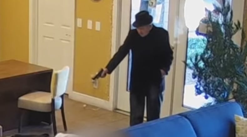 Police released video footage from Jan. 2 that shows a suspect aiming a gun inside the leasing office of Vista Del Valle Apartments in Las Vegas. The suspect, later identified as 93-year-old Robert Thomas, has been charged with attempted murder. The victim survived.