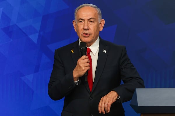 Israeli Prime Minister Benjamin Netanyahu speaks during a press conference in Jerusalem, Wednesday, May 21, 2025. (Ronen Zvulun/Pool Photo via AP)