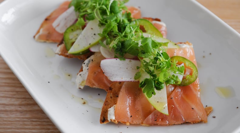 Bourbon Cured Salmon at Drift Fish House & Oyster Bar in Marietta. (BECKY STEIN PHOTOGRAPHY)