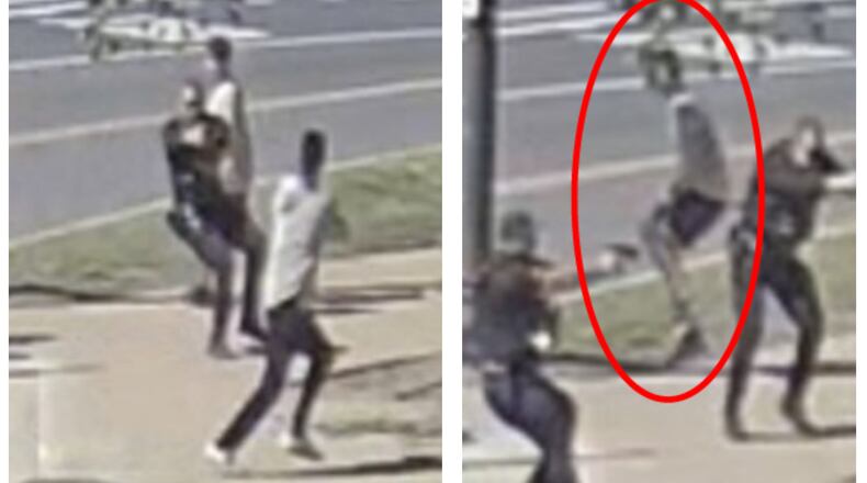This combination of images provided by the Justice Department, and annotated by the source, in the statement of facts supporting the arrest warrant for Michael Marx, shows Marx firing toward a U.S. Secret Service agent and then a bystander being injured near the Washington Monument, Monday, May 4, 2026 in Washington. (Justice Department via AP)