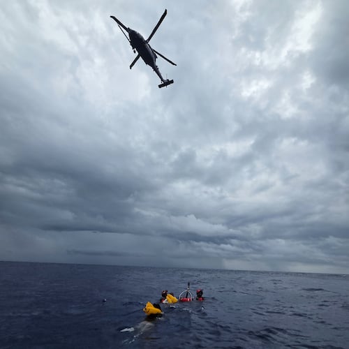 This photo provided by the U.S. Air Force shows rescue operations underway for survivors of a downed civilian aircraft off the coast of Melbourne, Fla., Tuesday, May 12, 2026. (U.S. Air Force/DVIDS via AP)