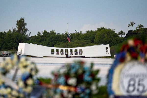 The USS Arizona Memorial is seen before the 84th anniversary of the attack on Pearl Harbor, Sunday, Dec. 7, 2025, in Honolulu. (AP Photo/Mengshin Lin)