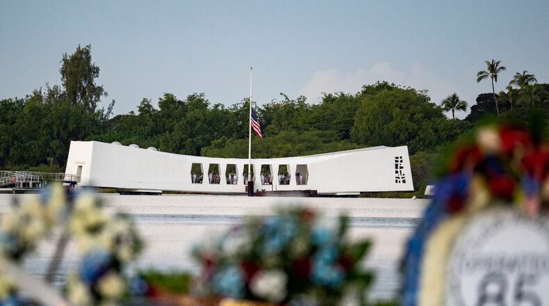 The USS Arizona Memorial is seen before the 84th anniversary of the attack on Pearl Harbor, Sunday, Dec. 7, 2025, in Honolulu. (AP Photo/Mengshin Lin)