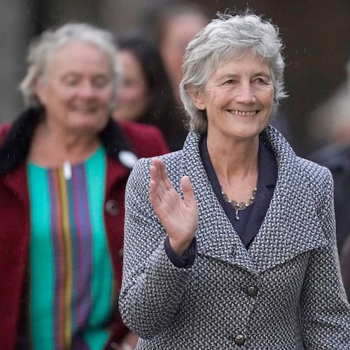 Left-wing independent presidential candidate Catherine Connolly arrives at Dublin Castle for the count in Ireland's presidential election to replace Michael D. Higgins, who has served the maximum two seven-year terms, on Saturday, Oct. 25, 2025. (Niall Carson/PA via AP)