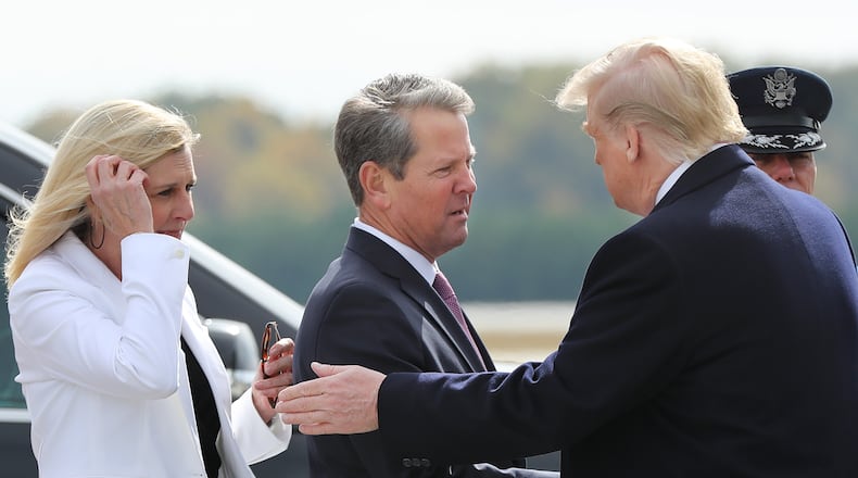 November 8, 2019 Marietta: President Donald Trump is greeted by Georgia Governor Brian Kemp and First Lady Marty Kemp as he arrives at Dobbins AFB on Friday, November 8, 2019, in Marietta. Curtis Compton/ccompton@ajc.com