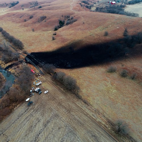 FILE - This photo taken with a drone shows the area where the ruptured Keystone pipeline dumped oil into a creek in Washington County, Kan., Dec. 9, 2022. (Zeitview via AP, File)