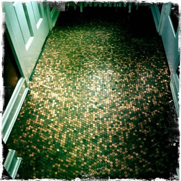 Karas Cahill's penny floor, finished but without epoxy. In all, 10,738 pennies.