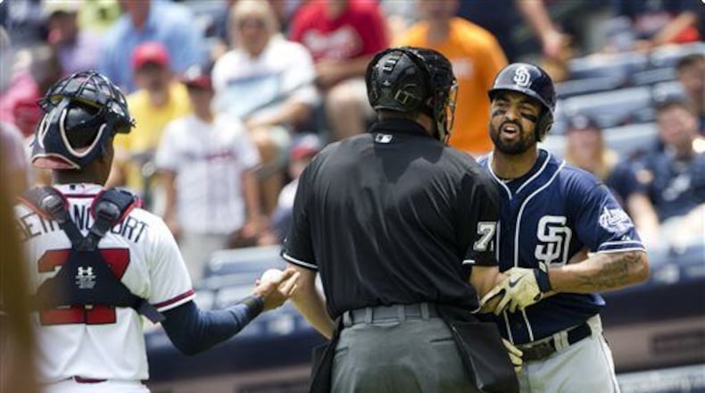 Benches cleared after Matt Kemp, then of the Padres, was hit by a Julio Teheran fastball in a June 2015 game against the Braves. Kemp was booed lustily upon returning to San Diego as a Brave on Tuesday. (AP file photo)