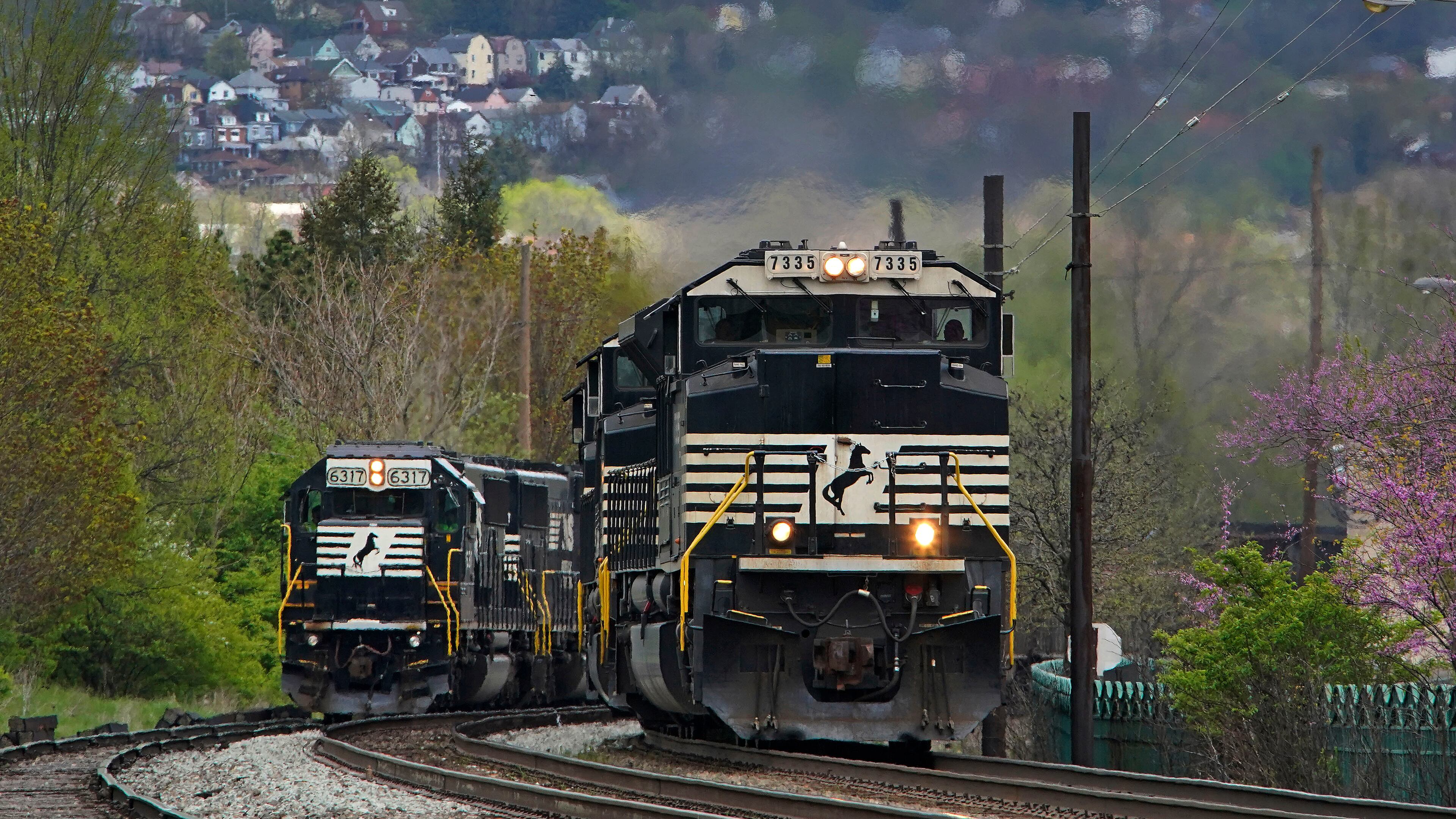 FILE - A Norfolk Southern freight train passes a train on a siding as it approaches a crossing in Homestead, Pa, April 27, 2022. (AP Photo/Gene J. Puskar, File)