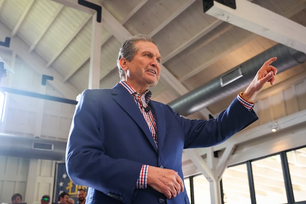 Republican gubernatorial candidate Rick Jackson speaks during a general election campaign rally at Meadows at Mossy Creek in Cleveland, Ga., Thursday, July 16, 2026. (Arvin Temkar/Atlanta Journal-Constitution via AP)