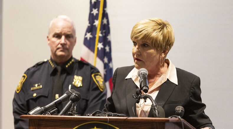 Mayor Betsy Price, along with Police Chief Edwin Kraus, addresses a news conference on Monday, Oct. 14, 2019, in Fort Worth, Texas, regarding the killing of Atatiana Jefferson by a Fort Worth police officer. A police officer fired the shot that killed Jefferson from outside her bedroom window after a neighbor had reported two doors ajar. (Laura Buckman/The New York Times)