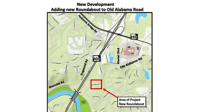 Map shows location of a new, multi-lane roundabout to be constructed on Old Alabama Road in Roswell. CITY OF ROSWELL