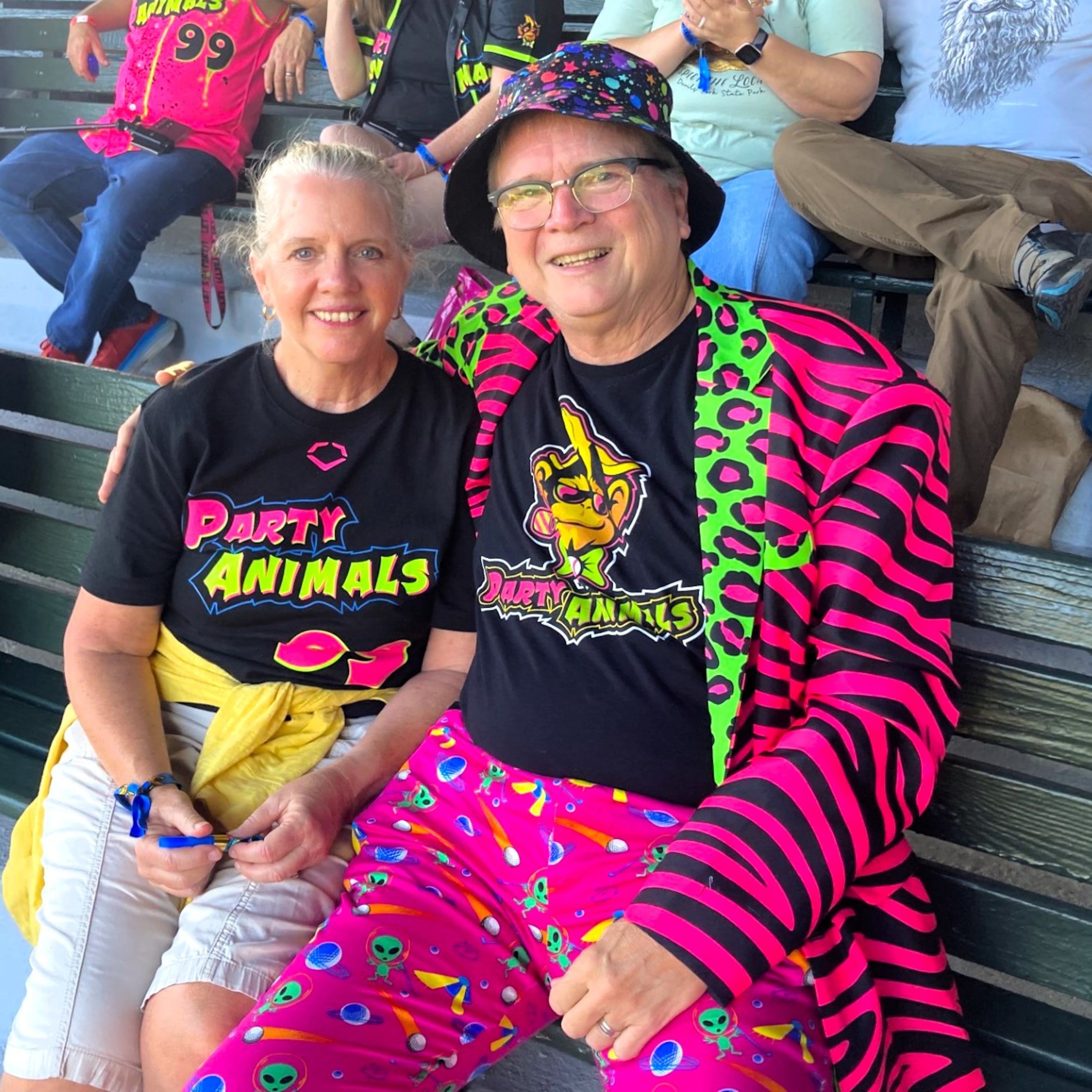 Bob Goodyear, nicknamed the "Party Papa" for his fandom of the Party Animals, attended the 2025 Banana Ball playoffs with his wife, Nancy. The couple are from Loganville and became fans of the Party Animals in 2020. (Adam Van Brimmer/AJC)