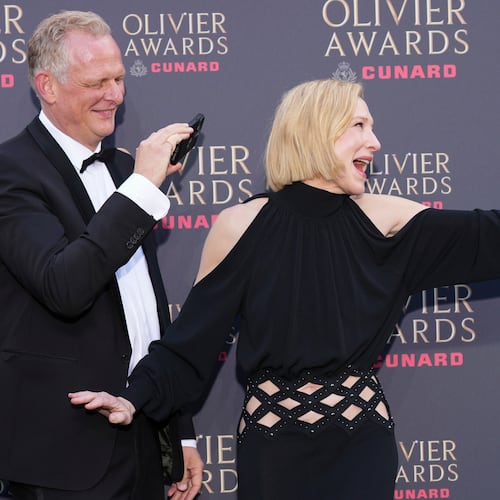 Cate Blanchett reacts as she poses for photographers upon arrival at the Olivier Awards in London, England, Sunday, April 12, 2026. (Photo by Scott A Garfitt/Invision/AP)