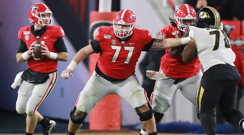Georgia offensive lineman Cade Mays gives Jake Fromm plenty of time to pass against Missouri during the second half in a NCAA college football game on Saturday, November 9, 2019, in Athens.   Curtis Compton/ccompton@ajc.com