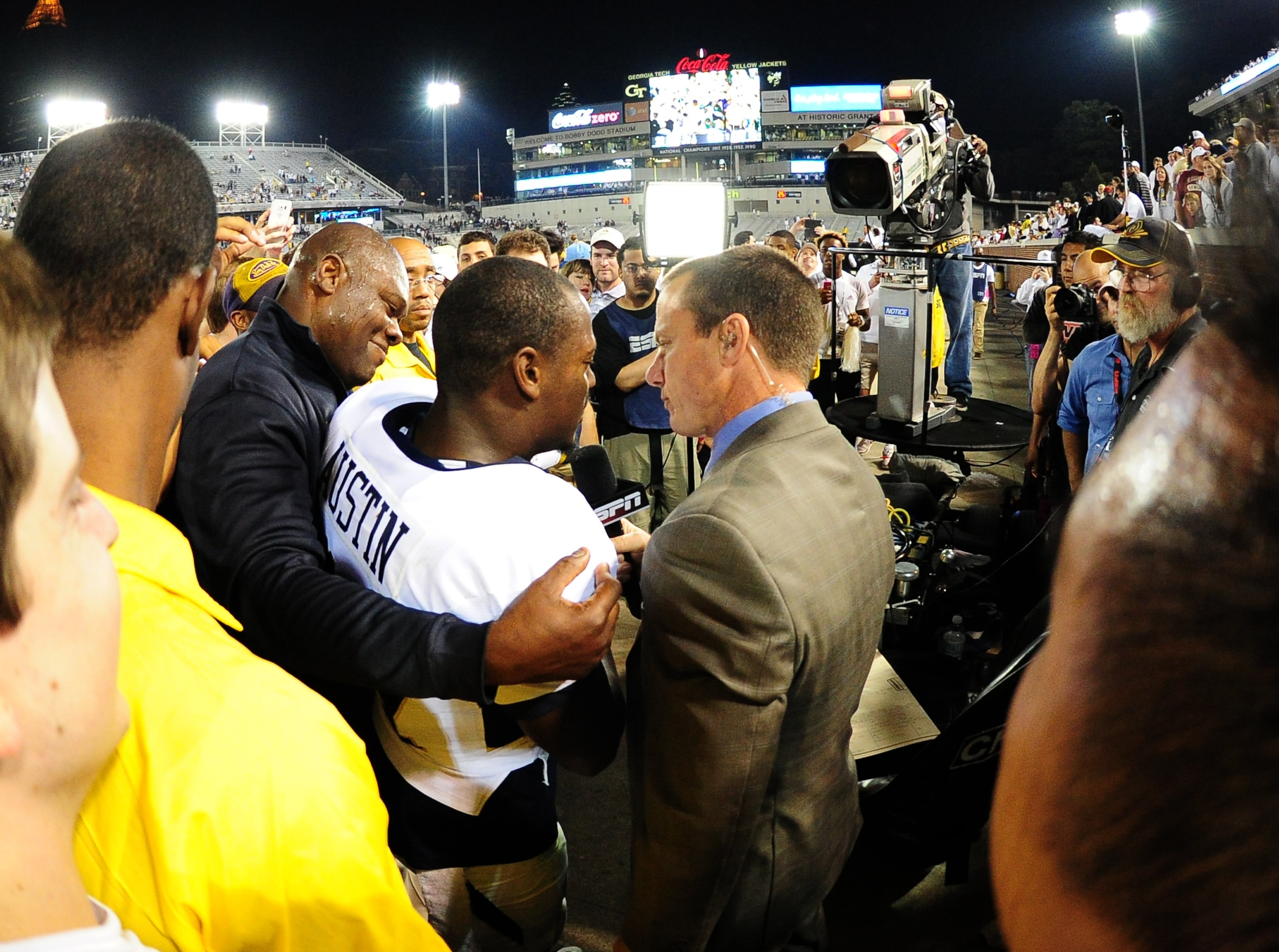 Lance Austin of the Georgia Tech Yellow Jackets is interviewed after scoring the game-winning touchdown against the Florida State Seminoles on October 24, 2015 at Bobby Dodd Stadium in Atlanta. (Scott Cunningham/Getty Images)