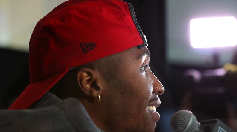 Falcons wide receiver Taylor Gabriel takes questions during his Super Bowl news conference this week at Houston’s Memorial City Mall ice arena. (Curtis Compton/ccompton@ajc.com)
