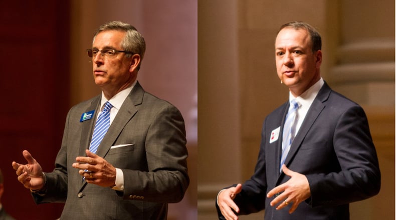 State Rep. Brad Raffensperger, right, faces former Alpharetta Mayor David Belle Isle in the Republican Party primary runoff for Georgia secretary of state on July 24. (REANN HUBER/REANN.HUBER@AJC.COM)