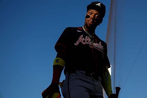 Atlanta Braves' Ronald Acuña Jr. poses for a photo before the start of a baseball game against the Athletics, Wednesday, July 9, 2025, in West Sacramento, Calif. (AP Photo/Sergio Estrada)