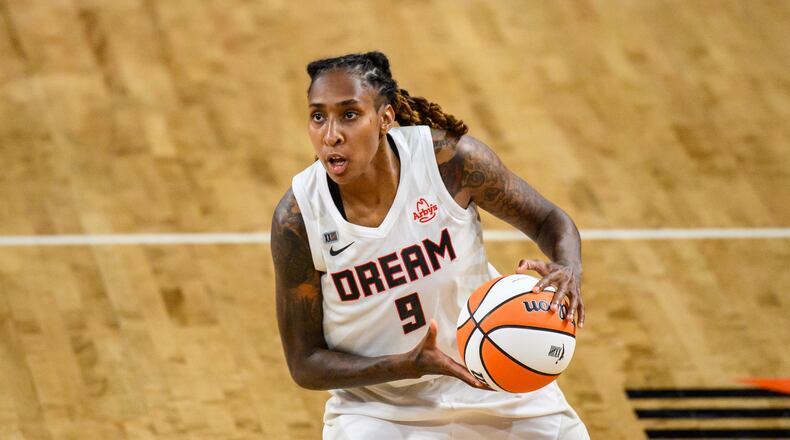 Atlanta Dream guard Crystal Bradford (9) looks to shoot during a WNBA basketball game against the Chicago Sky, Wednesday, May 19, 2021, in College Park, Ga. The Chicago Sky won 85-77. (AP Photo/Danny Karnik)