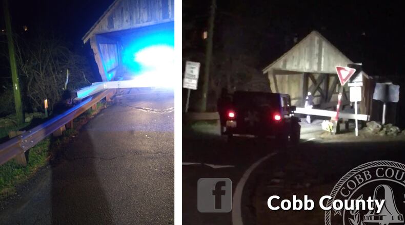 A driver crashed into a metal beam protecting the Concord Road covered bridge Sunday. Credit: Cobb County government