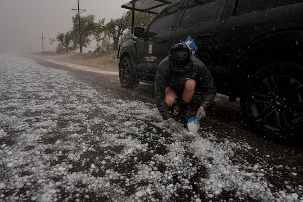 Tony Illenden crouches in a helmet and gloves outside Northern Illinois University's Husky Hail Hunter to scoop hail into a bag while in a hailstorm during a Project ICECHIP operation Friday, June 6, 2025, in Levelland, Texas. (AP Photo/Carolyn Kaster)