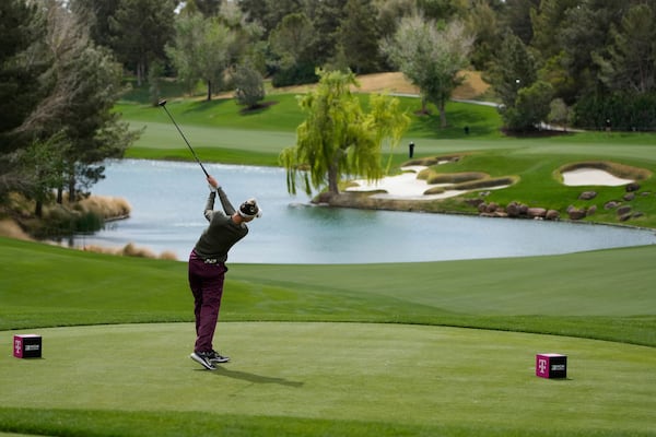 Nelly Korda hits off the fourth tee during the first round of the LPGA T-Mobile Match Play golf tournament Wednesday, April 2, 2025, in North Las Vegas, Nev. (AP Photo/John Locher)