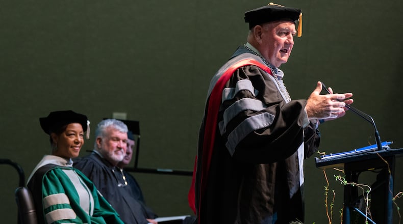 Sonny Perdue, chancellor of the University System of Georgia, speaks during the investiture ceremony for Georgia Gwinnett College President Jann L. Joseph, on Friday, April 1, 2022, in Lawrenceville. (Elijah Nouvelage/Special to the Atlanta Journal-Constitution)