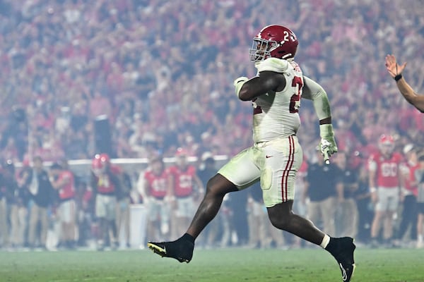 Alabama defensive lineman LT Overton reacts during the Tide's 24-21 win over Georgia in September.