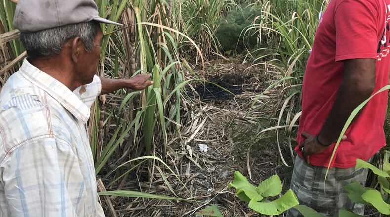 Demetrio Yam, left, shows Roger Keme, where he found the bodies of Drew DeVoursney and Francesca Matus Monday morning in his sugar cane field in northern Belize. “The path was not here. When they brought the bodies, they left this trail,” he said, speaking in Spanish through an interpreter. “I don’t really know exactly what happened.” JEREMY REDMON/jredmon@ajc.com