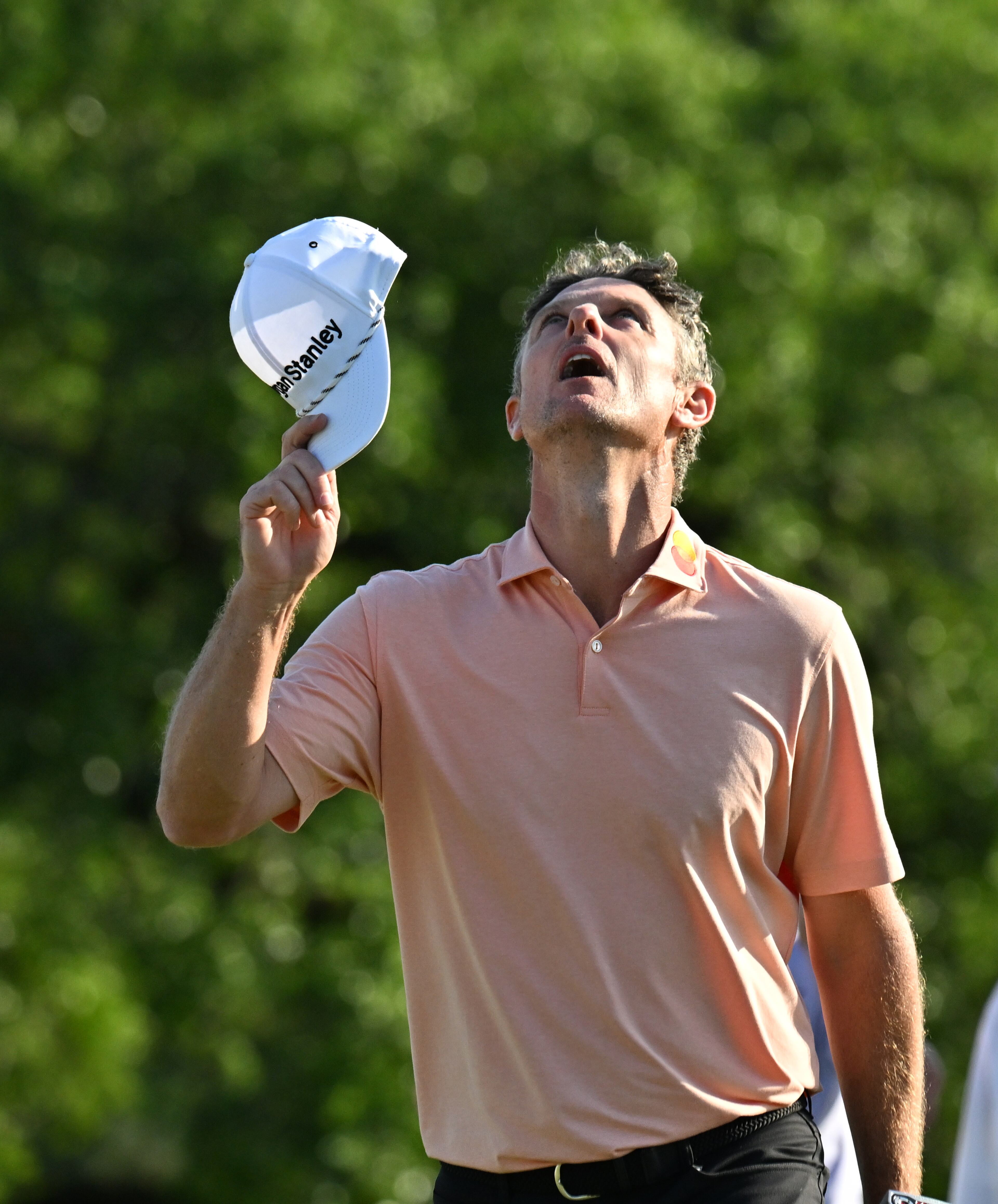 Justin Rose reacts to his birdie putt on 18th hole during final round of the Masters golf tournament, at Augusta National Golf Club, Sunday, April 13, 2025, in Augusta, Ga. (Hyosub Shin / AJC)
