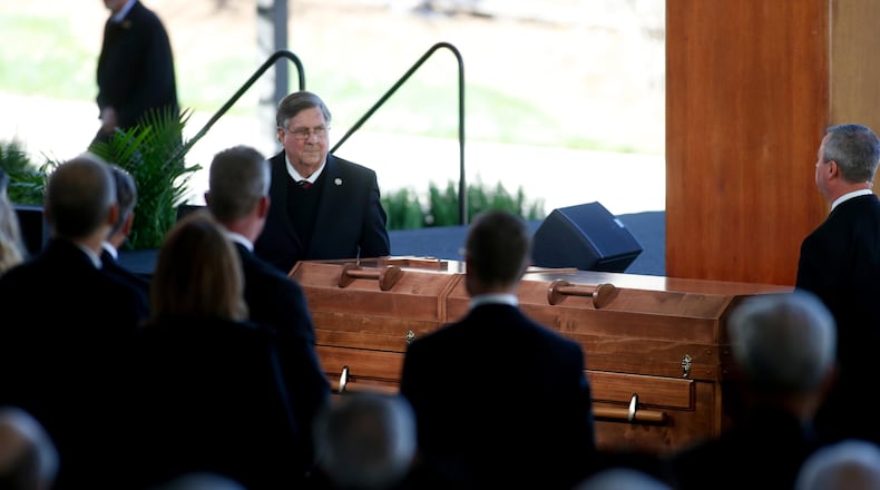 A casket carrying the body of Rev. Billy Graham sits in front of the stage during his funeral service at the Billy Graham Library on March 2, 2018 in Charlotte, North Carolina. A spiritual counselor for every president from Harry Truman to Barack Obama and other world leaders for more than 60 years, Graham died February 21 at the age of 99. (Photo by Brian Blanco/Getty Images)