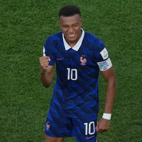 France's Kylian Mbappe (10) reacts after the World Cup round of 16 soccer match between Paraguay and France in Philadelphia, Saturday, July 4, 2026. (AP Photo/Matt Rourke)