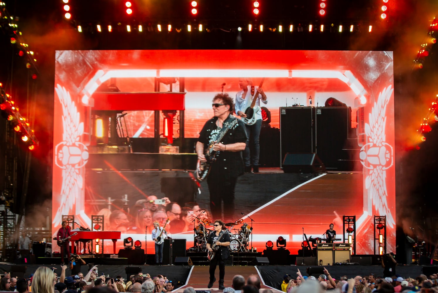 Journey blasted through their mega hits with Arnel Pineda commanding the crowd with his vocal chops at a concert with Def Leppard at Truist Park in Atlanta on July 13, 2024. (RYAN FLEISHER FOR THE ATLANTA JOURNAL-CONSTITUTION)
