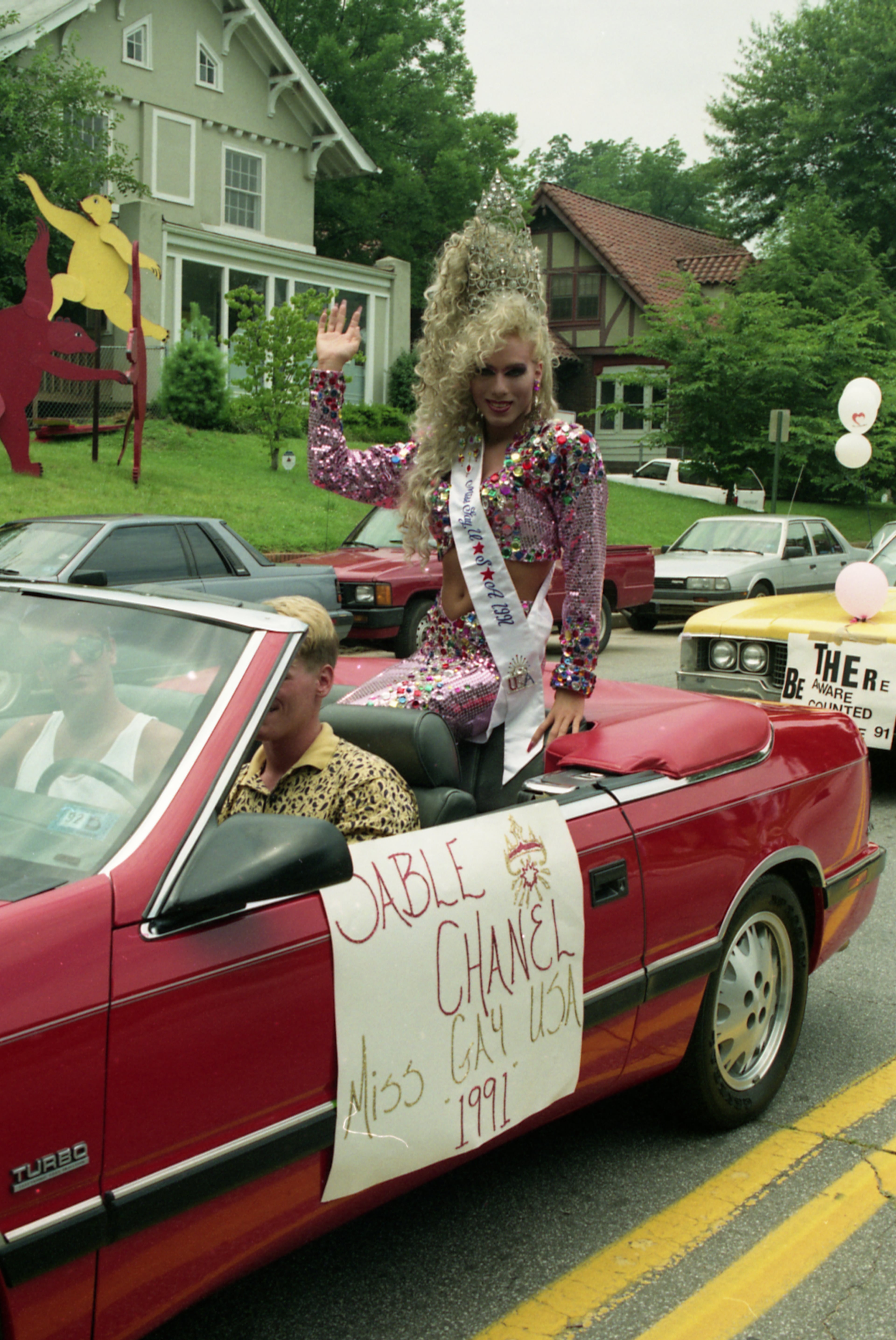 Miss Gay USA 1991, Sable Chanel, riding in the Gay Pride Day parade, Atlanta, Geogia, June 23, 1991. ( Atlanta Journal-Constitution Photographic Archives. Special Collections and Archives, Georgia State University Library.)