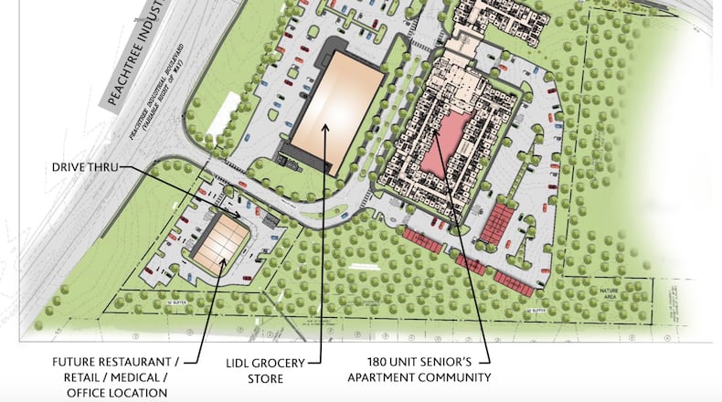 Duluth approved a revised master plan for Marketplace Village that includes more age-restricted units and a larger outparcel along Peachtree Industrial Boulevard. (Courtesy City of Duluth)