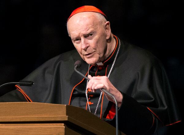 FILE - In this March 4, 2015, file photo, Cardinal Theodore McCarrick speaks during a memorial service in South Bend, Ind. (Robert Franklin/South Bend Tribune via AP, Pool, File)