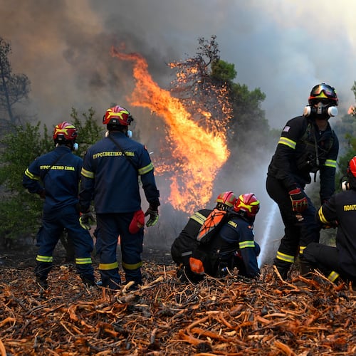 Firefighters operate during a wildfire near Porto Germeno, northwest of Athens, Greece, Sunday, Aug. 2, 2026. (AP Photo/Michael Varaklas)