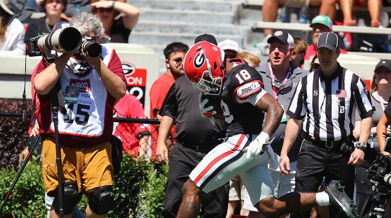 041324 Athens: Wide receiver Sacovie White breaks away to the endzone for a touchdown to give the black team a 17-13 lead during the G-Day game on Saturday, April 13, 2024.  Curtis Compton for the Atlanta Journal Constitution