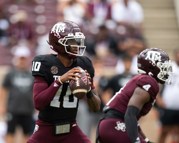 Texas A&M quarterback Marcel Reed (10) looks to pass the ball during the team's NCAA college football spring game Saturday, April 19, 2025, in College Station, Texas. (Meredith Seaver/College Station Eagle via AP)