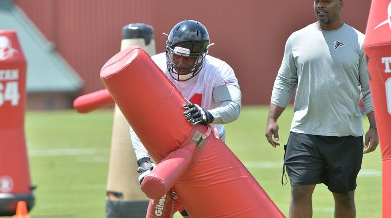 May 6, 2016 Flowery Branch - Atlanta Falcons rookie Chris Mayes (74), of Griffin, runs drills during the first day of 2016 Atlanta Falcons Rookie Minicamp at the Falcons’ Flowery Branch Headquarters Complex on Friday, May 6, 2016. HYOSUB SHIN / HSHIN@AJC.COM