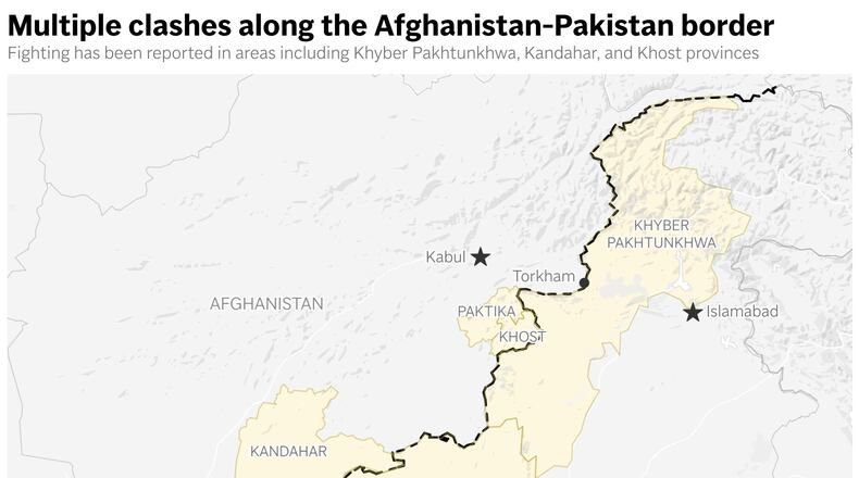 This map shows several provinces and cities along the Afghanistan-Pakistan border that have been impacted by recent clashes between the two countries. (AP Digital Embed)