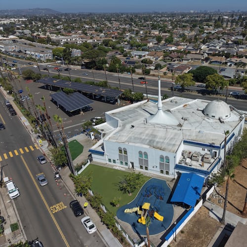 This aerial image shows the Islamic Center of San Diego, Tuesday, May 19, 2026, in San Diego. (AP Photo/Jae C. Hong)