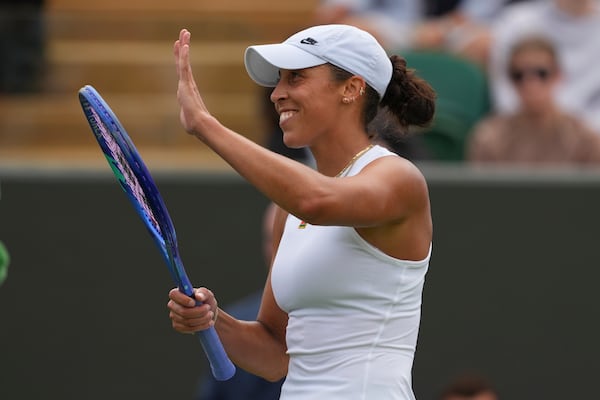 Madison Keys of the U.S. reacts after beating Olga Danilovic of Serbia in their second round singles match at the Wimbledon Tennis Championships in London, Wednesday, July 2, 2025. (AP Photo/Joanna Chan)